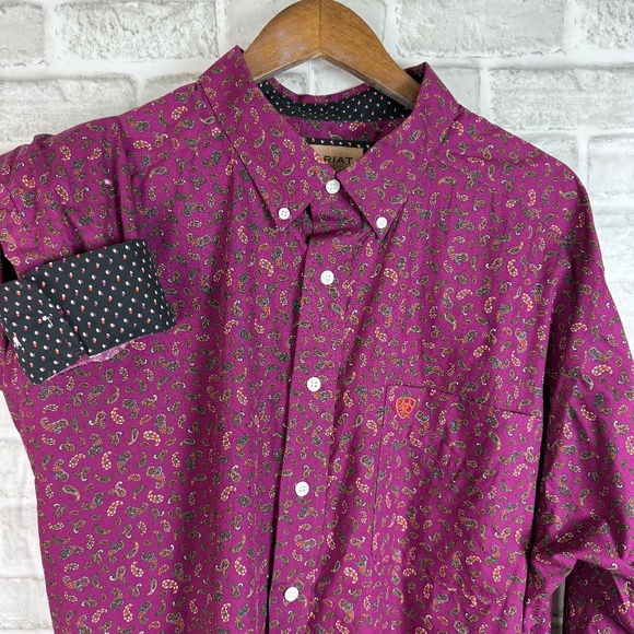 ARIAT Wrinkle Free Dark Purple Paisley AOP Long Sleeve Button Down Shirt Men 2XL - Picture 1 of 10